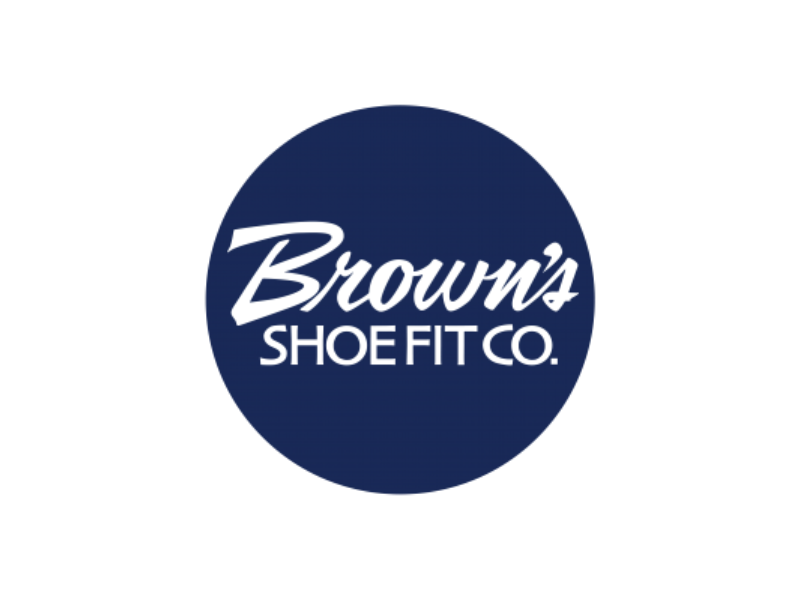 Logo of Brown's Shoe Fit Co. featuring text in a modern font on a circular blue background.