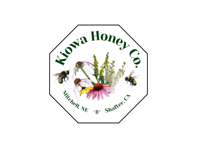 Logo of Kiowa Honey Co. featuring flowers and bees, with the text 'Mitchell, NE' and 'Shafter, CA'.