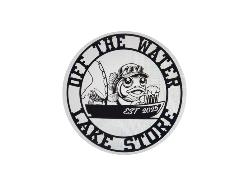 Logo for 'Off the Water Lake Store' featuring a cartoon fish wearing goggles in a boat, established in 2025.