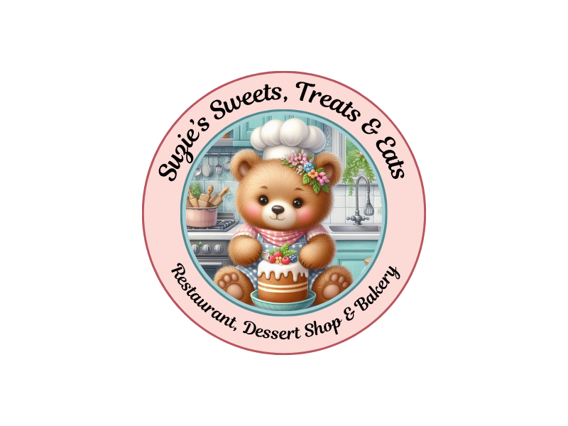 Logo for Suzie's Sweets, Treats & Eats featuring a cute bear chef in a kitchen setting, adorned with flowers and a chef's hat, presenting a decorated cake.