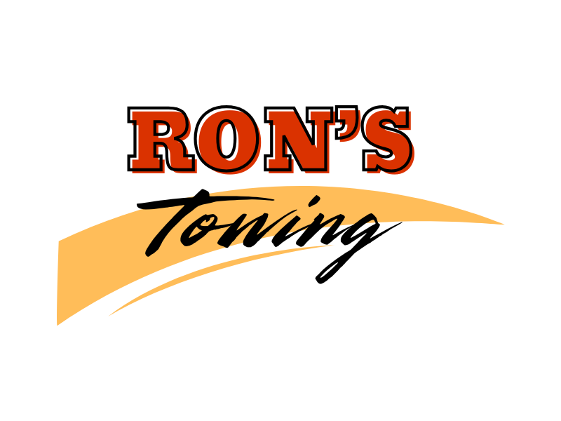Logo of Ron's Towing featuring the company name in bold red letters with a stylized orange swoosh.