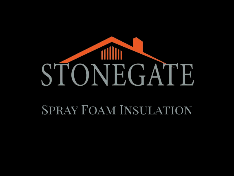 Logo of Stonegate, featuring an orange house silhouette with the text 'STONEGATE' and 'SPRAY FOAM INSULATION' below it.